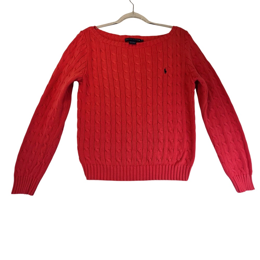 Ralph Lauren Cable Knit Cotton Sweater Womens XL Pony Pink Preppy Boat Neck Fall
